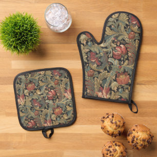 Reiche Blumenbänder Brocade Antique Classic Ofenhandschuh & Topflappen-Set