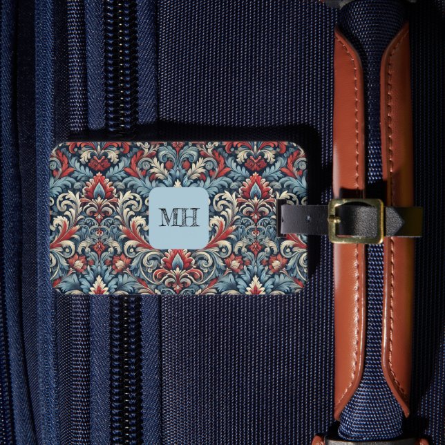 Reiche Farbtöne aus rotem und blauem Damast Gepäckanhänger (Vorderseite Insitu 4)