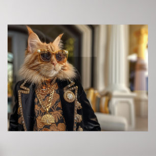 Reiche Katze steht vor einer Villa Poster