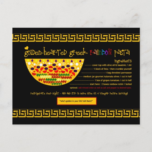 Reiche Rezepte - GOLDEN HEARED GREEK PASTA Postkarte (Vorderseite)