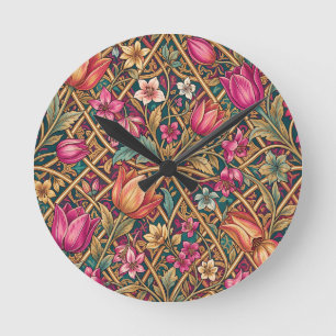 Reiche rosa Tulpen Blumige William Morris Art Runde Wanduhr