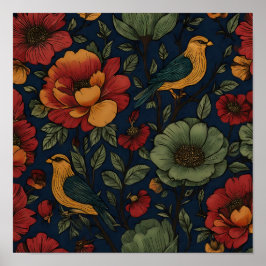 Reicher Indigo-Folk-Flora-Tapetenmuster Poster