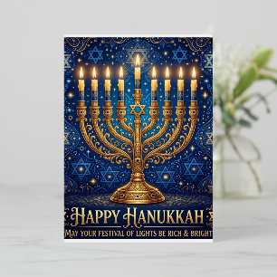 Reiches Blau und Gold verziertes Chanukka Folien Feiertagskarte