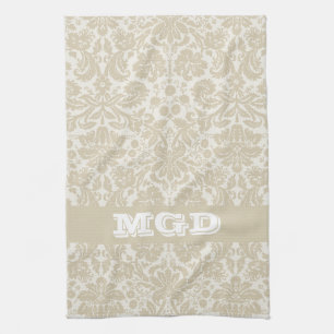 Reiches florales Art Nouveau-Muster beige Monogram Geschirrtuch