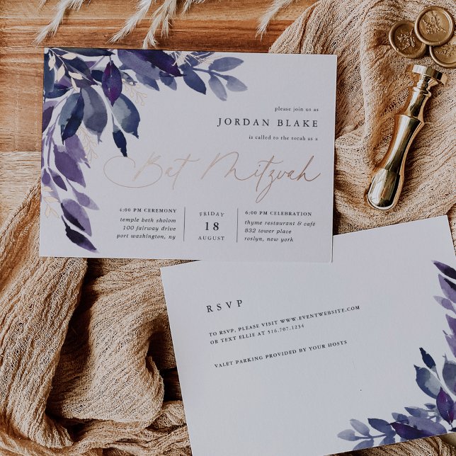 reichlich Foliage | Violet Botanical Bat Mitzvah Folieneinladung (Elegant purple floral bat mitzvah invitations)