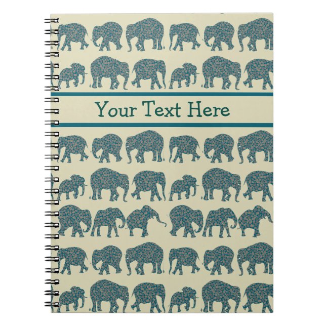 Reihen von Paisley Elephants auf Beige Spiral Note Notizblock (Vorderseite)