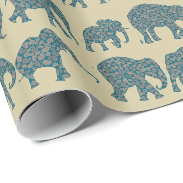 Reihen von Paisley Elephants auf Beige Wrapping Pa Geschenkpapier (Rolleneckpunkt)