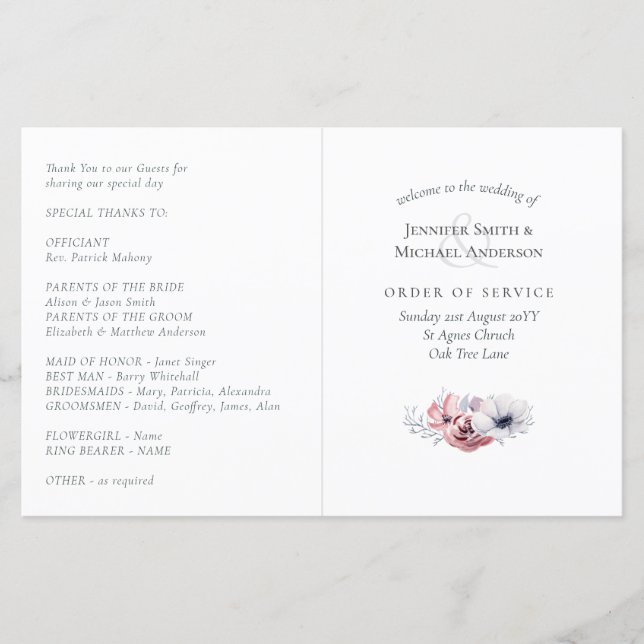 Reihenfolge der Hochzeitprogramme (Vorderseite)