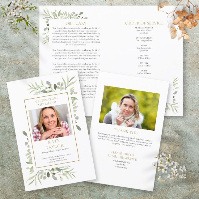 Reihenfolge des Beerdigungsprogramms für Grünpflan (Order Of Service Greenery Funeral Memorial Program)