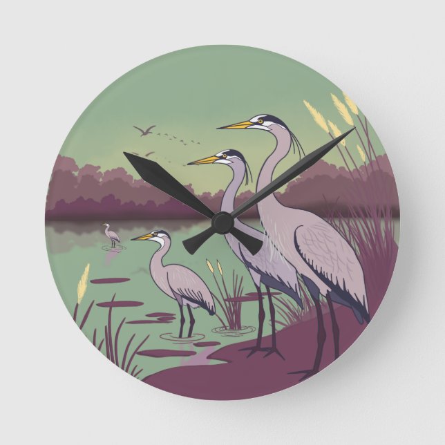Reiher am See Runde Wanduhr (Vorderseite)