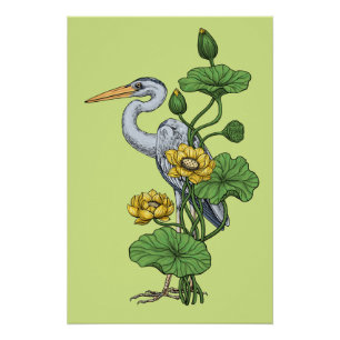 Reiher im gelben Lotosgarten auf Honigtau Poster