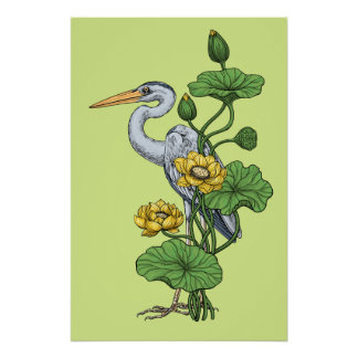 Reiher im gelben Lotosgarten auf Honigtau Poster