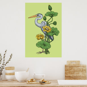 Reiher im gelben Lotosgarten auf Honigtau Poster