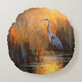 Reiher im goldenen Sonnenuntergang Wasserfarbekiss Rundes Kissen