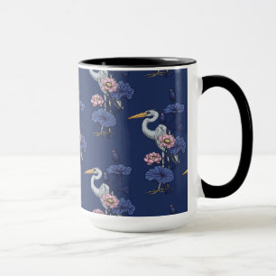 Reiher im rosa Lotosgarten auf delphinblau Tasse