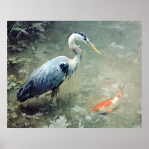 Reiher und lebendige Koi-Fische Poster