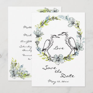 Reiher-Vogelpaar und Blumenkranz Save-the-Date-Hoc Einladung