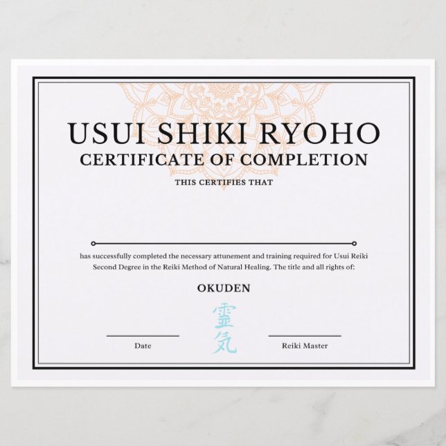 Reiki Certificate of Completion (OKUDEN) (Vorderseite)