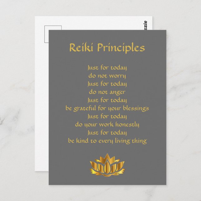 Reiki-Grundsätze Grau und Gold Postkarte (Vorne/Hinten)