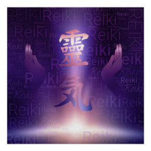 Reiki Symbole und heilende Hände auf lila Licht Poster