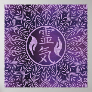 Reiki Symbole und heilende Hände auf lila Licht Poster