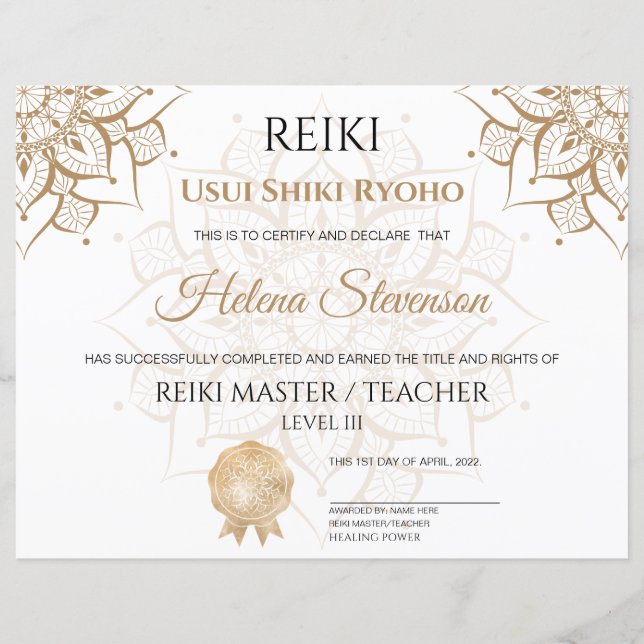 Reiki Yoga-Abschlusszeugnis (Vorderseite)