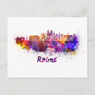 Reims Skyline in Aquarellfarbe Postkarte