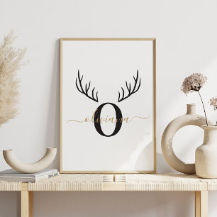 Reindeer Antler Elegant Monogram Christmas Poster
