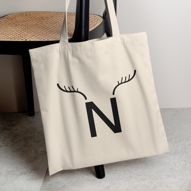 Reindeer Antlers Modern Initial Christmas Monogram Tragetasche (Reindeer Antlers tote bag by Guava, featuring minimal monogram design for festive personal gifting)