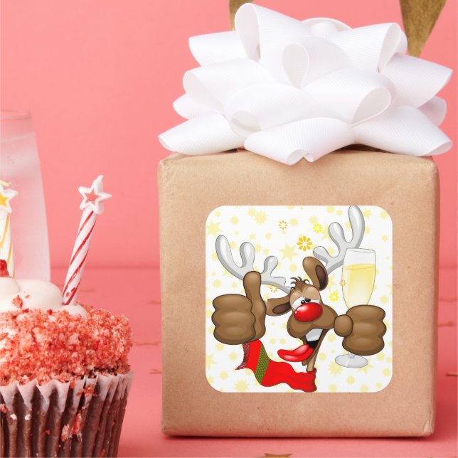 Reindeer Betrunken Funny Christmas Character Quadratischer Aufkleber (Party)
