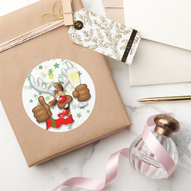 Reindeer Betrunken Funny Christmas Character Runder Aufkleber (Schenken)