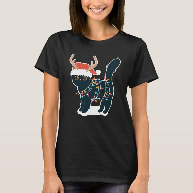 Reindeer Black Cat Christmas Lights Funny T-Shirt (Vorderseite)