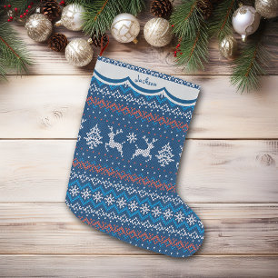 Reindeer Blue Nordic Pattern Großer Weihnachtsstrumpf