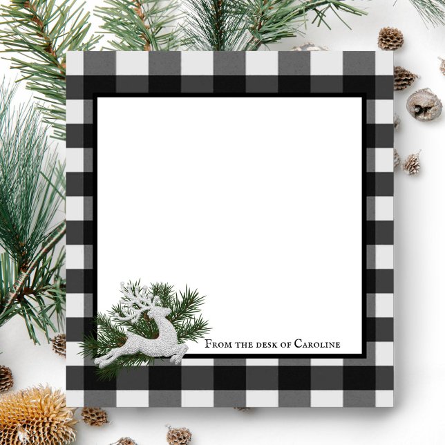 Reindeer Buffalo Kariert Personalisiert | Schwarz- Notizblock (Black and White Reindeer Buffalo Plaid Personalized Notepad)