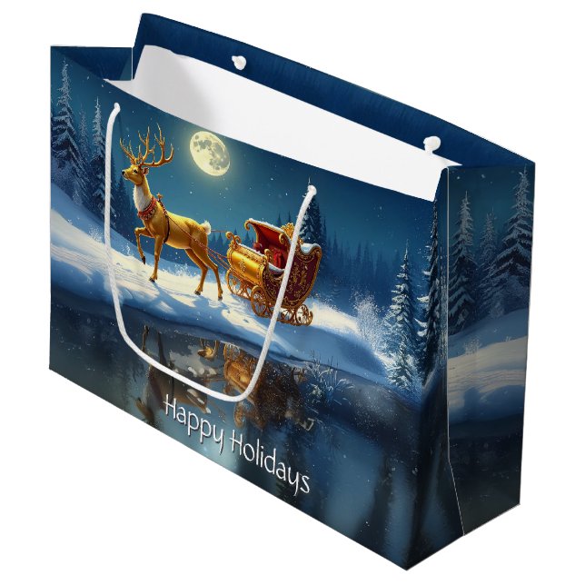 Reindeer Christmas Sleigh Holiday Gift Bag Große Geschenktüte (Vorderseite Schrägansicht)