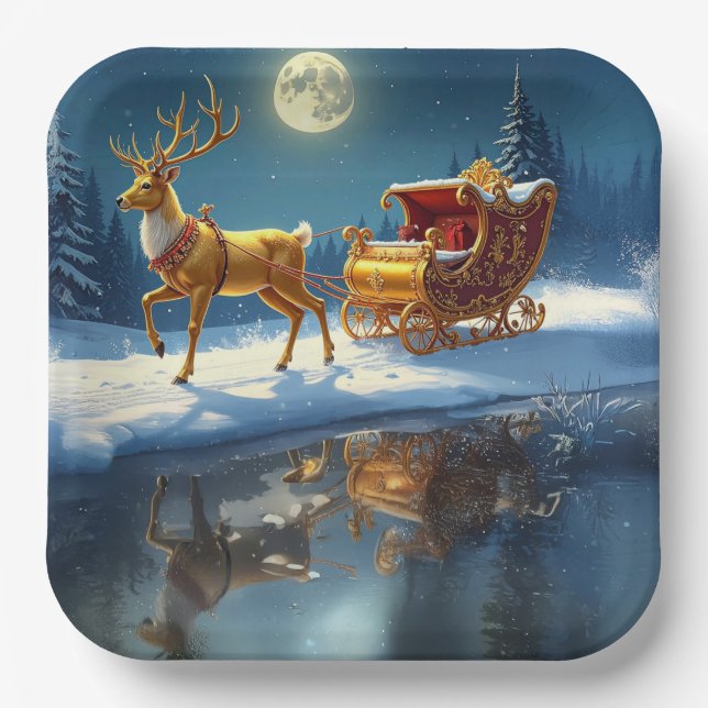 Reindeer Christmas Sleigh Holiday Pappteller (Vorderseite)
