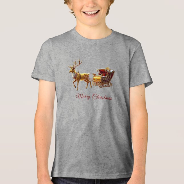 Reindeer Christmas Sleigh Holiday Tri-Blend Shirt (Vorderseite)
