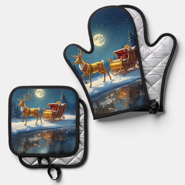 Reindeer Christmas Sleigh Ofenhandschuh & Topflappen-Set (Vorderseite/Rückseite)