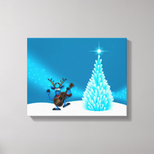Reindeer Dancing Guitar Merry Christmas Tree Blue Leinwanddruck