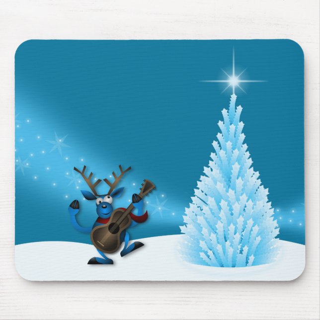 Reindeer Dancing Guitar Merry Christmas Tree Blue Mousepad (Vorne)