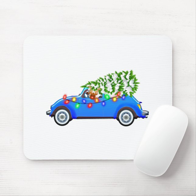 Reindeer driving a beetle with christmas treeb mousepad (Mit Mouse)