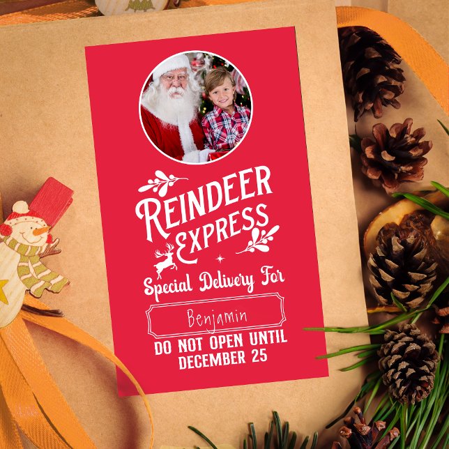 Reindeer Express from Santa Name & Photo Christmas Rechteckiger Aufkleber (Von Creator hochgeladen)