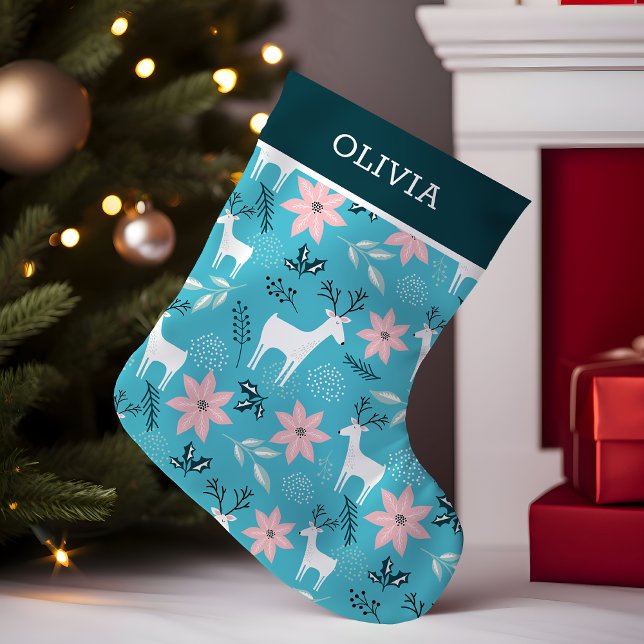 Reindeer Floral Poinsettia Whimsical Personalisier Kleiner Weihnachtsstrumpf (Von Creator hochgeladen)