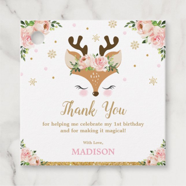 Reindeer Floral Snowflakes Geburtstag Vielen Dank Geschenkanhänger (Vorderseite)