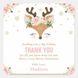 Reindeer Floral Snowflakes Weihnachten Vielen Dank Quadratischer Aufkleber