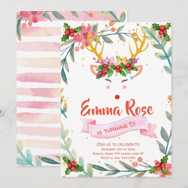 Reindeer Girl Christmas Geburtstag Einladung (Vorne/Hinten)