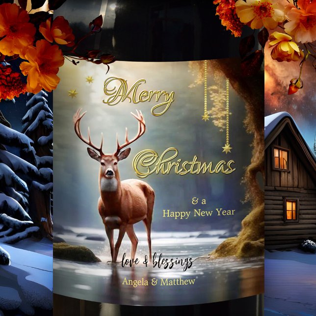 Reindeer Gold Stars Weihnachten Weinetikett (Modern Christmas wine label featuring a reindeer in a river landscape with gold stylized stars)