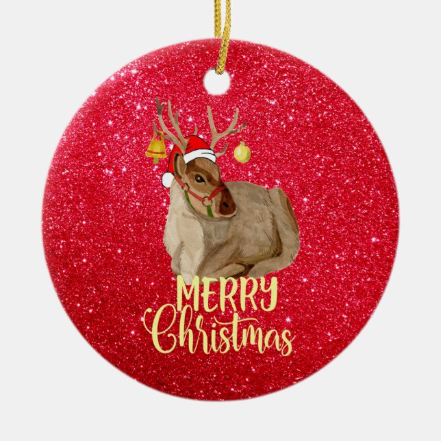 Reindeer Jingle Bell Merry Christmas Tree Keramik Ornament (Vorne)