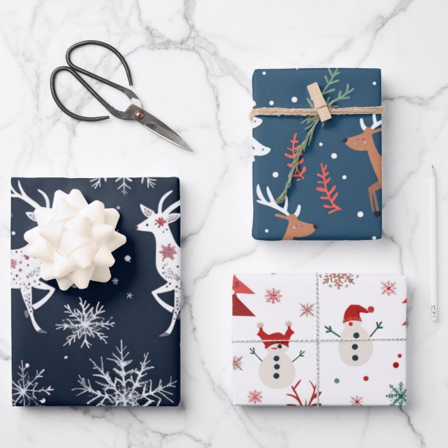 Reindeer Joyride Snowflake Christmas Wrap Geschenkpapier Set (Vorderseite)