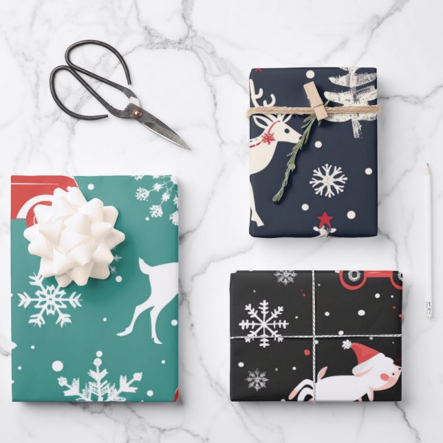 Reindeer Joyride Snowflake Christmas Wrap Geschenkpapier Set (Vorderseite)
